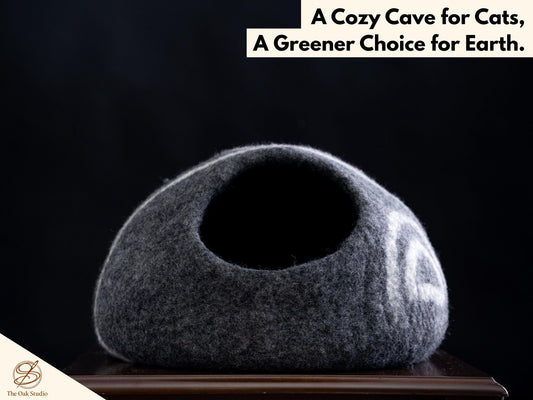 Handmade Felt Cat Cave Bed – Grey with White Stripes, New Zealand Wool House