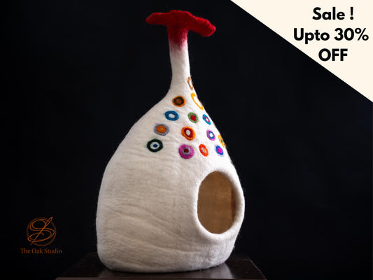 Mushroom Felt Cat Cave – Handmade Wool Pet House with Colorful Dots, 40cm Cozy Sanctuary