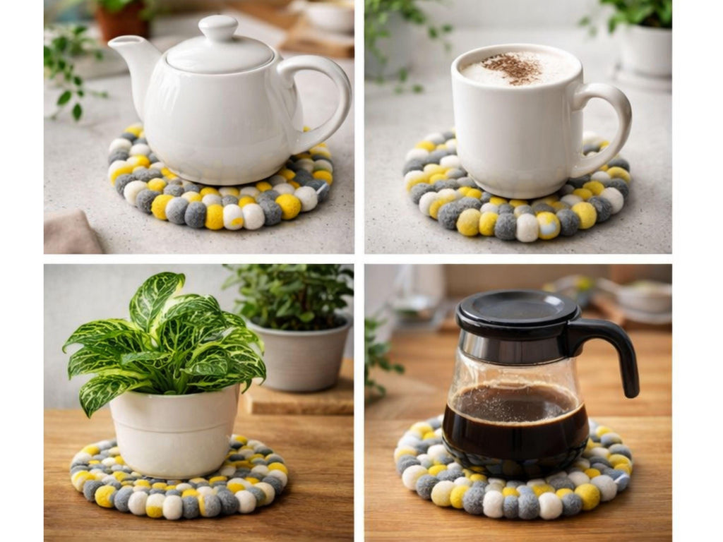 Set of 3 Yellow Wool Felt Ball Trivets – Modern Kitchen Essential 16cm