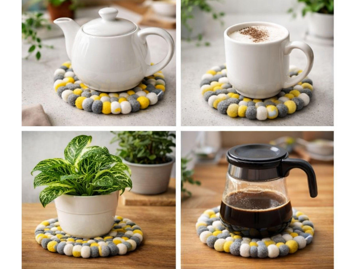 Set of 3 Yellow Wool Felt Ball Trivets – Modern Kitchen Essential 16cm