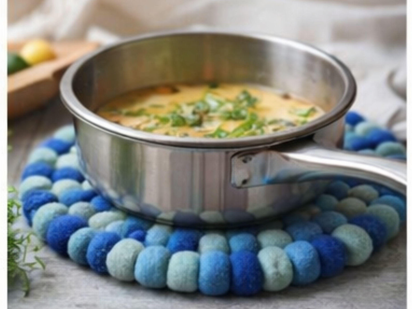 Set of 3 Blue Felt Ball Trivets – 20cm Wool Table Protection, Kitchen Décor