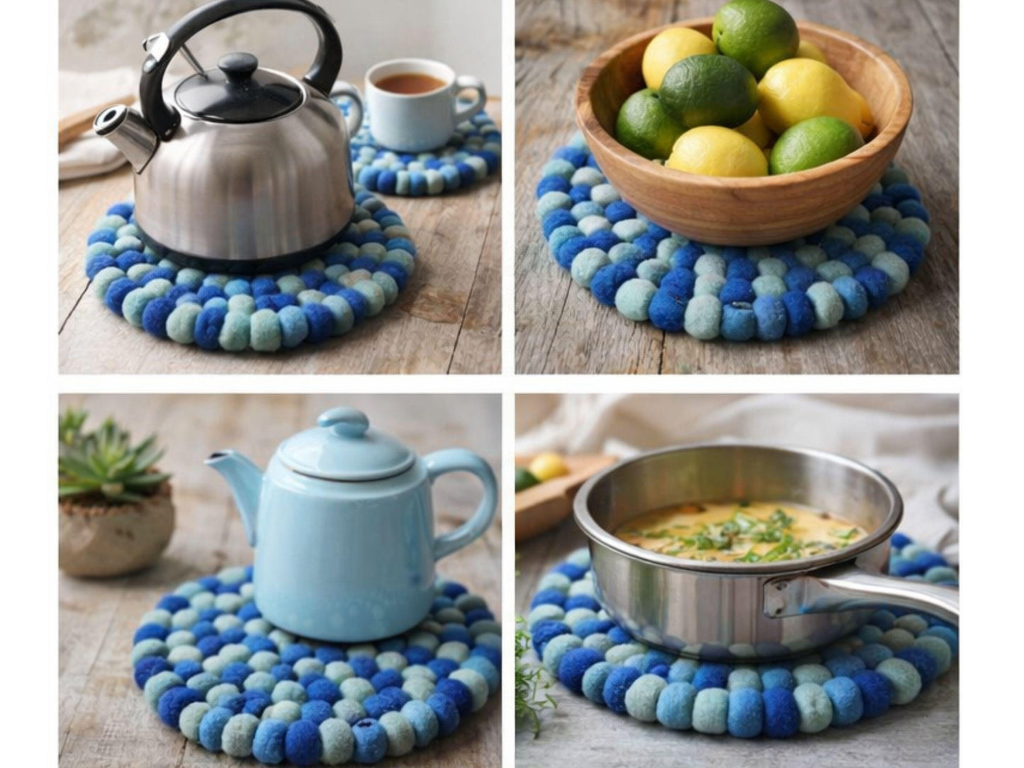 Set of 3 Blue Felt Ball Trivets – 20cm Wool Table Protection, Kitchen Décor