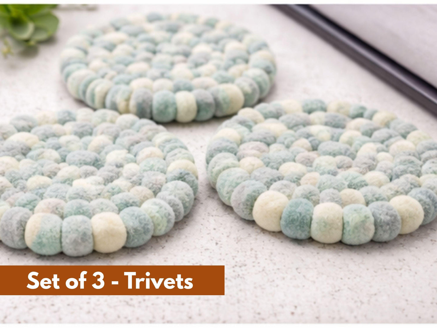 Set of 3 Light Blue Felt Ball Trivets – 16cm Round Wool Table Protector