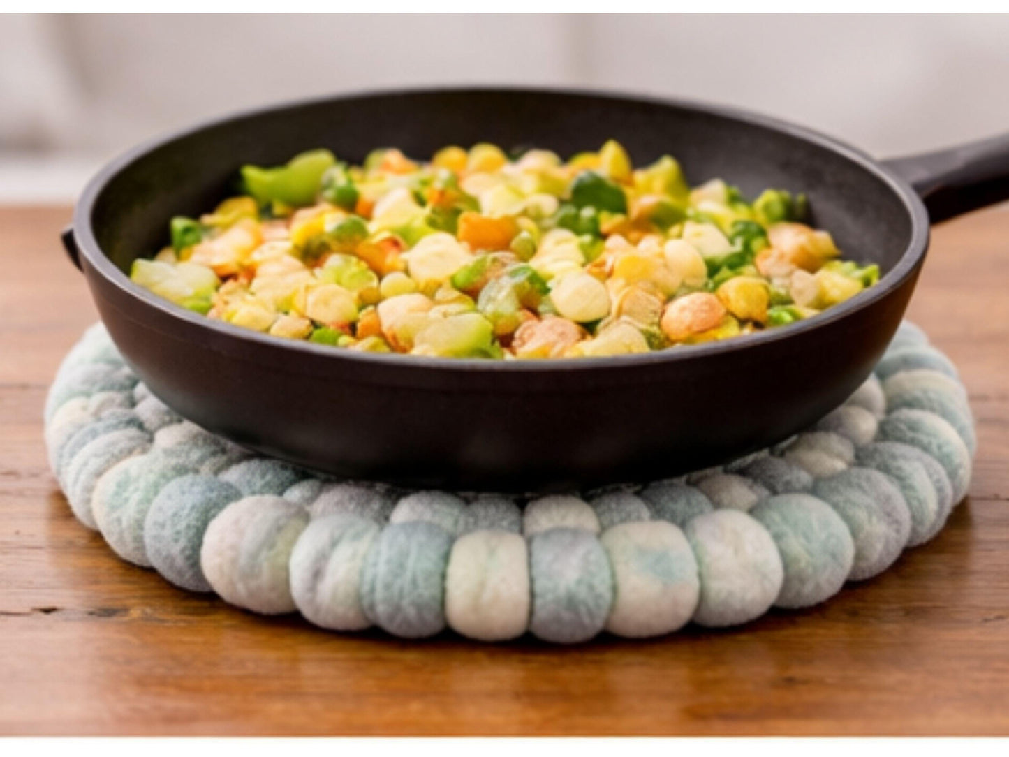 Set of 3 Light Blue Felt Ball Trivets – 16cm Round Wool Table Protector