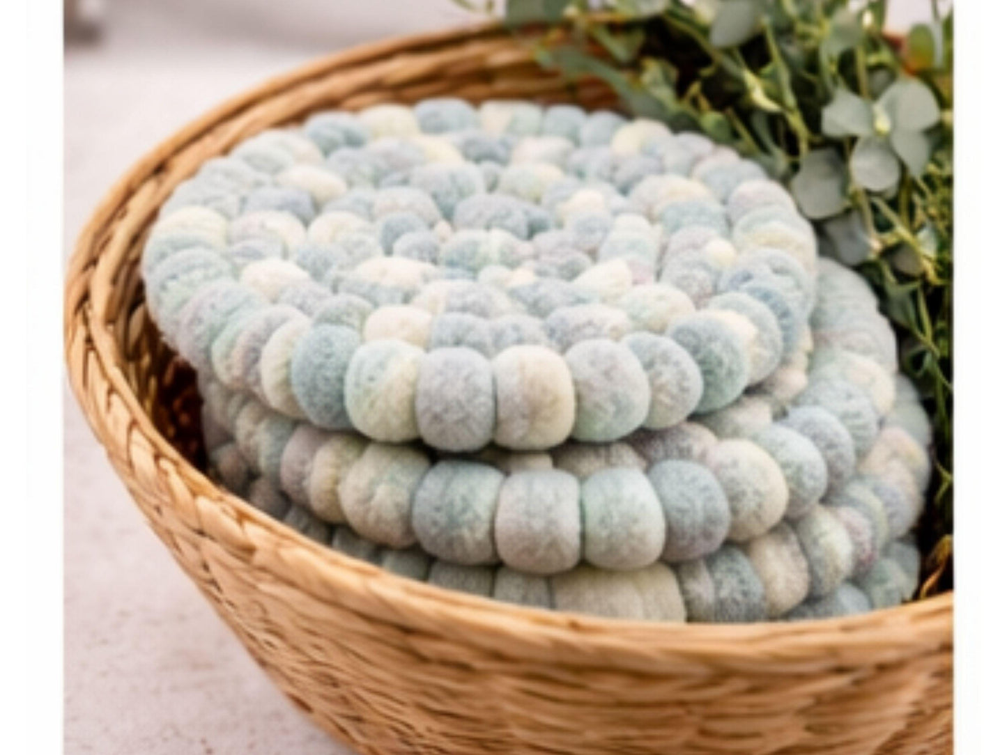 Set of 3 Light Blue Felt Ball Trivets – 16cm Round Wool Table Protector