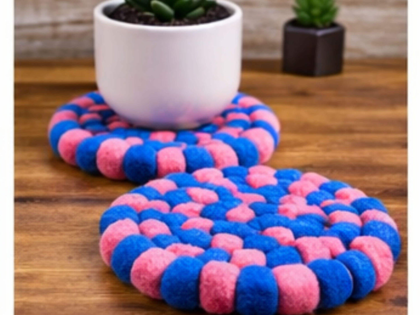 Handmade Pink Blue Felt Ball Trivets Set – Wool Kitchen Table Protector