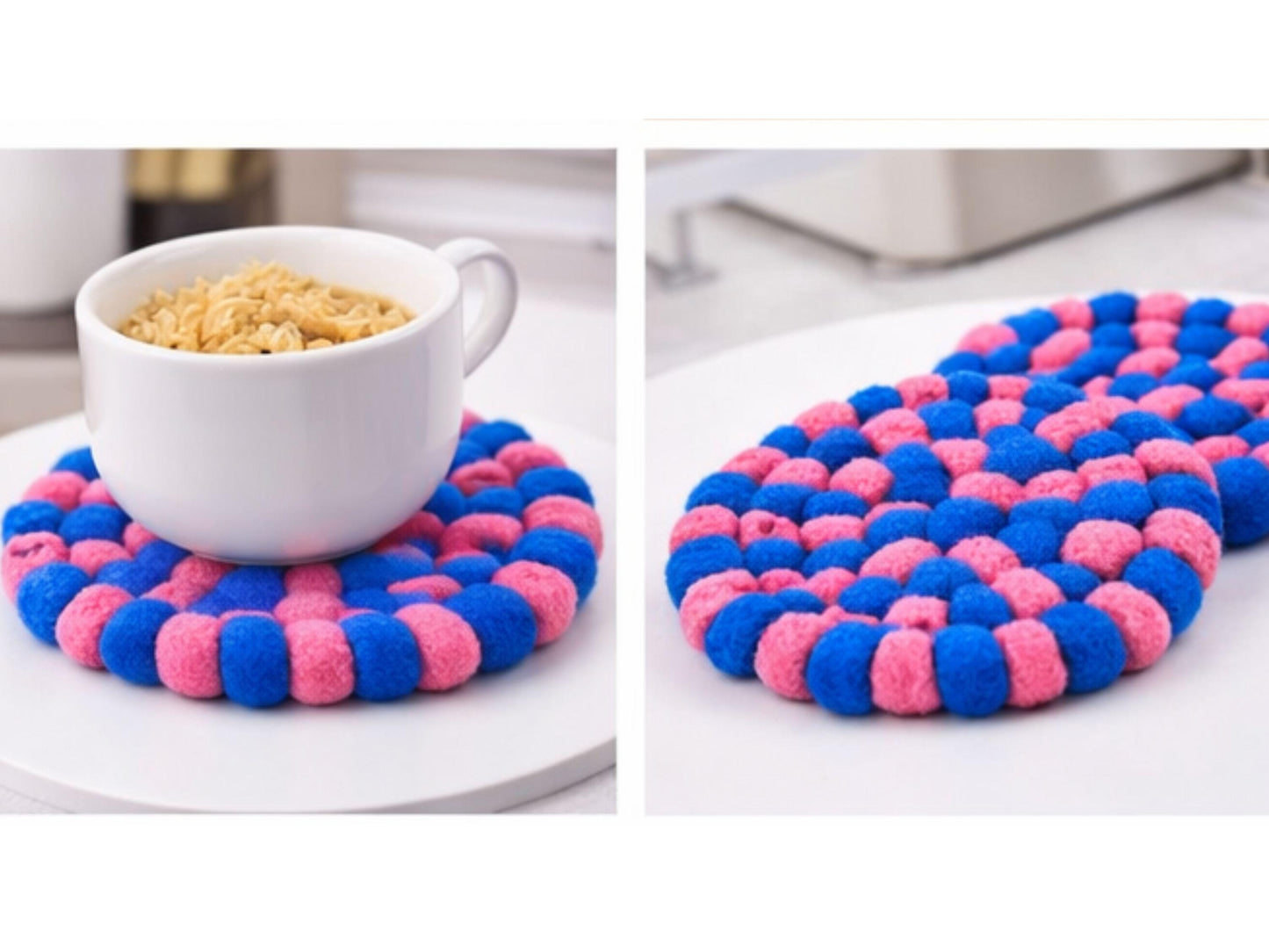 Handmade Pink Blue Felt Ball Trivets Set – Wool Kitchen Table Protector