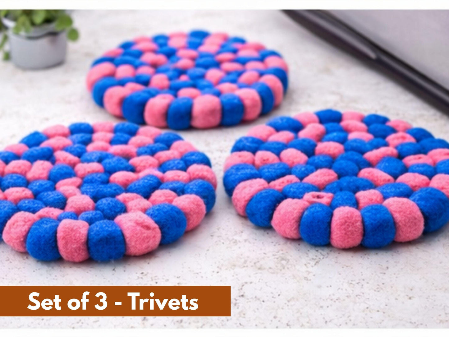 Handmade Pink Blue Felt Ball Trivets Set – Wool Kitchen Table Protector