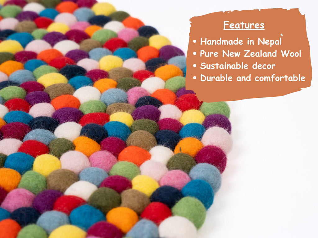 Handmade Felt Ball Rug – Pure Wool Round Carpet, Eco-Friendly Nursery Play Mat