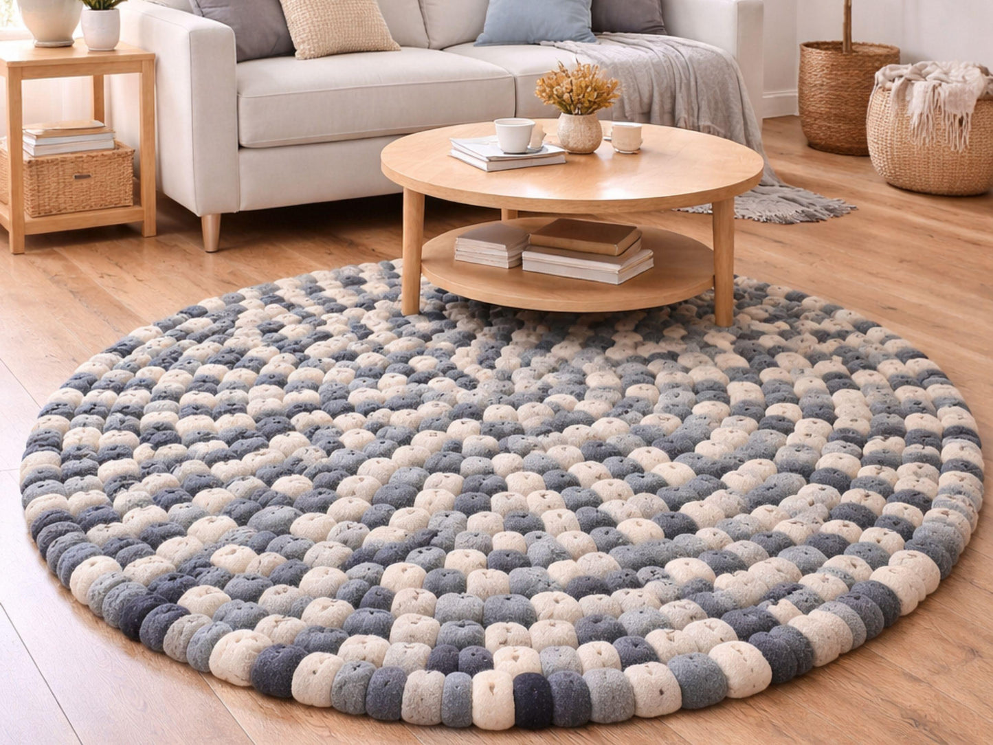 Handmade Felt Ball Rug – Pure Wool Round Carpet, Eco-Friendly Nursery Decor