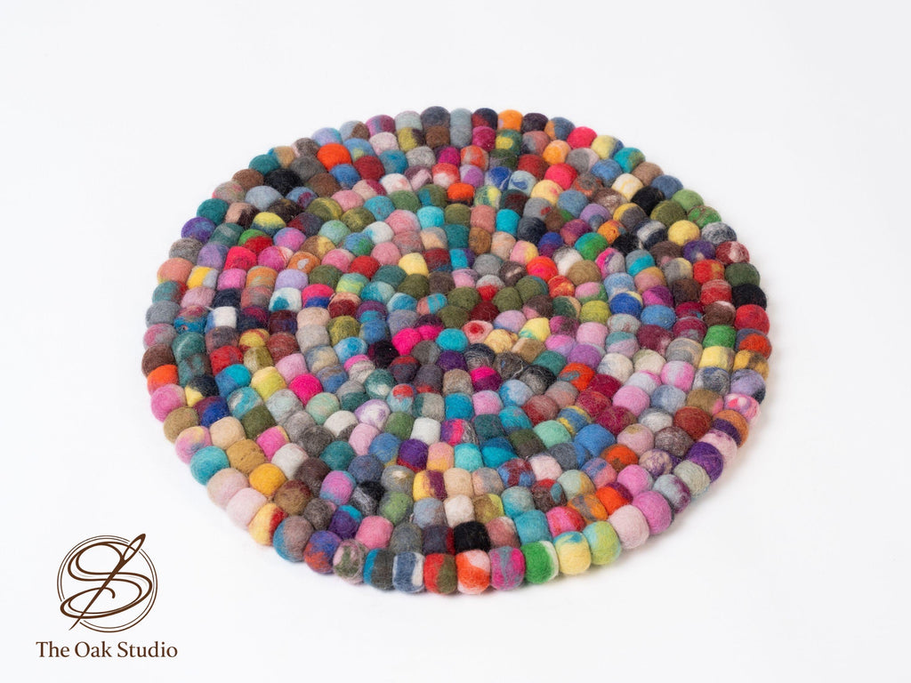 Handmade Felt Ball Rug – Pure Wool Round Carpet, Eco-Friendly Boho Decor