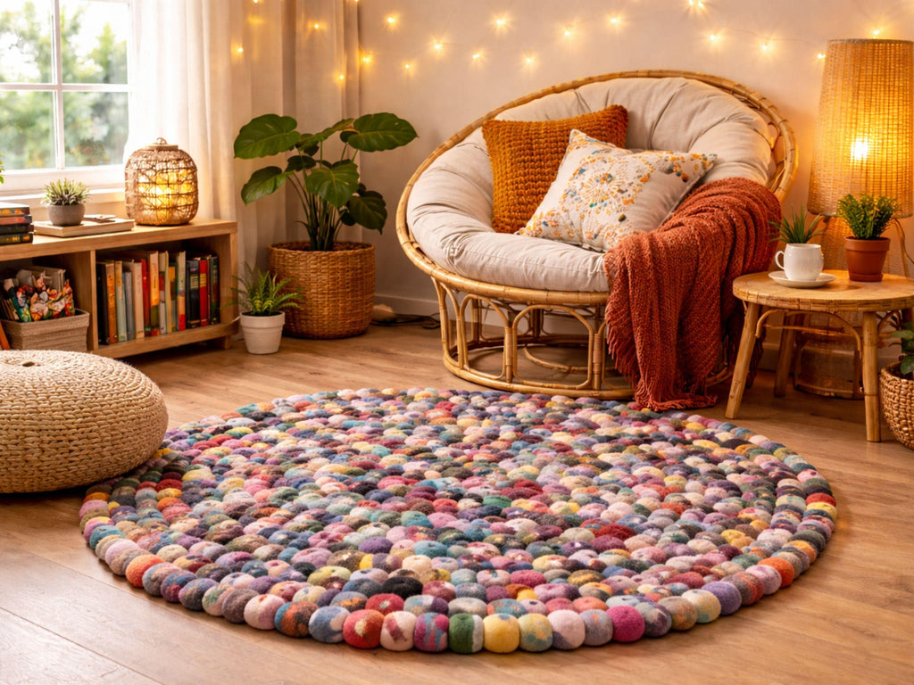 Handmade Felt Ball Rug – Pure Wool Round Carpet, Eco-Friendly Boho Decor